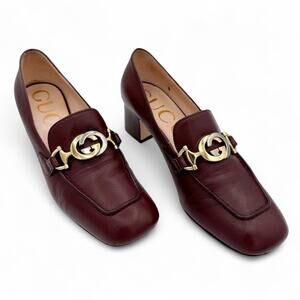 Gucci Zumi Interlocking GG Loafer Pumps EU 37 US 7 Bordeaux Burgundy Block Heel